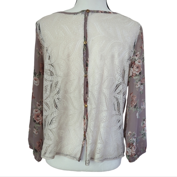Charlotte Russe Floral Sheer Lace Crochet Feminine Blouse LARGE Purple Ivory - Picture 6 of 16